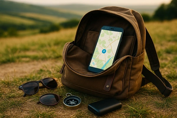 Mochila abierta sobre el pasto con celular mostrando un mapa offline, al lado de gafas de sol, brújula y batería portátil en un campo al aire libre.